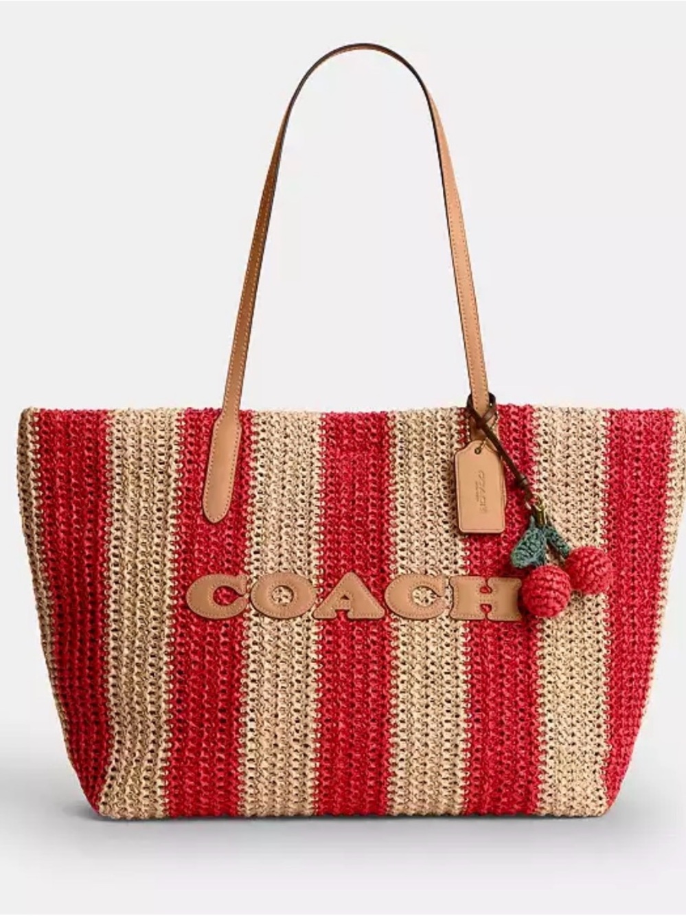 Coach Red and Natural Striped Straw Tote with Cherry Charm 🍒